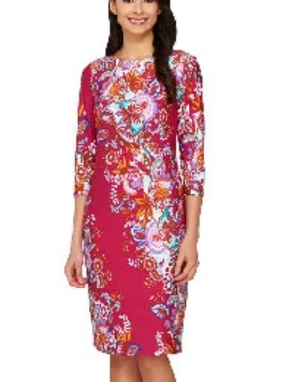 Bob Mackie Wearable Art Sz 1X Pink Floral Paisley Jersey 3/4 Sleeve Shift Dress